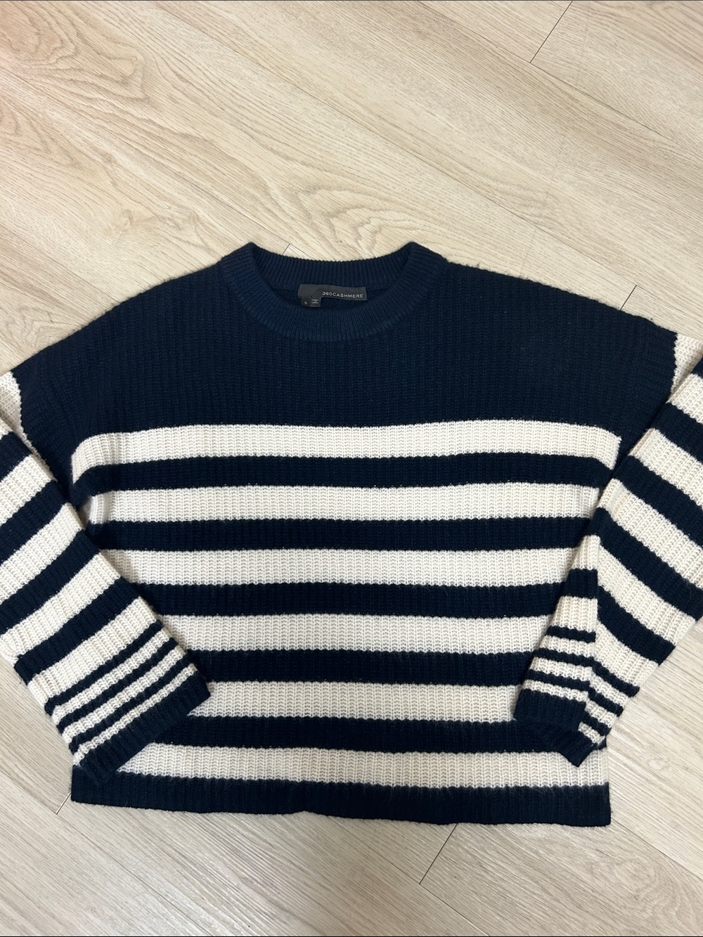 360 Cashmere Navy and White Striped cashmere Sweater